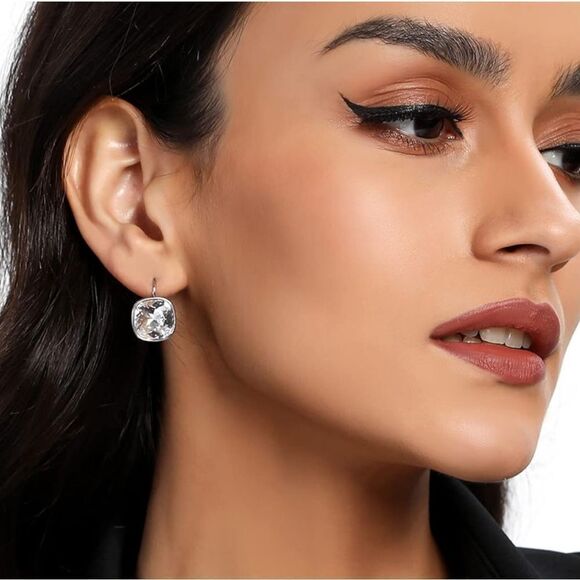 18K White Gold with White Diamond CZ Cushion Cut Bella Drop Leverback Earrings - Picture 6 of 7